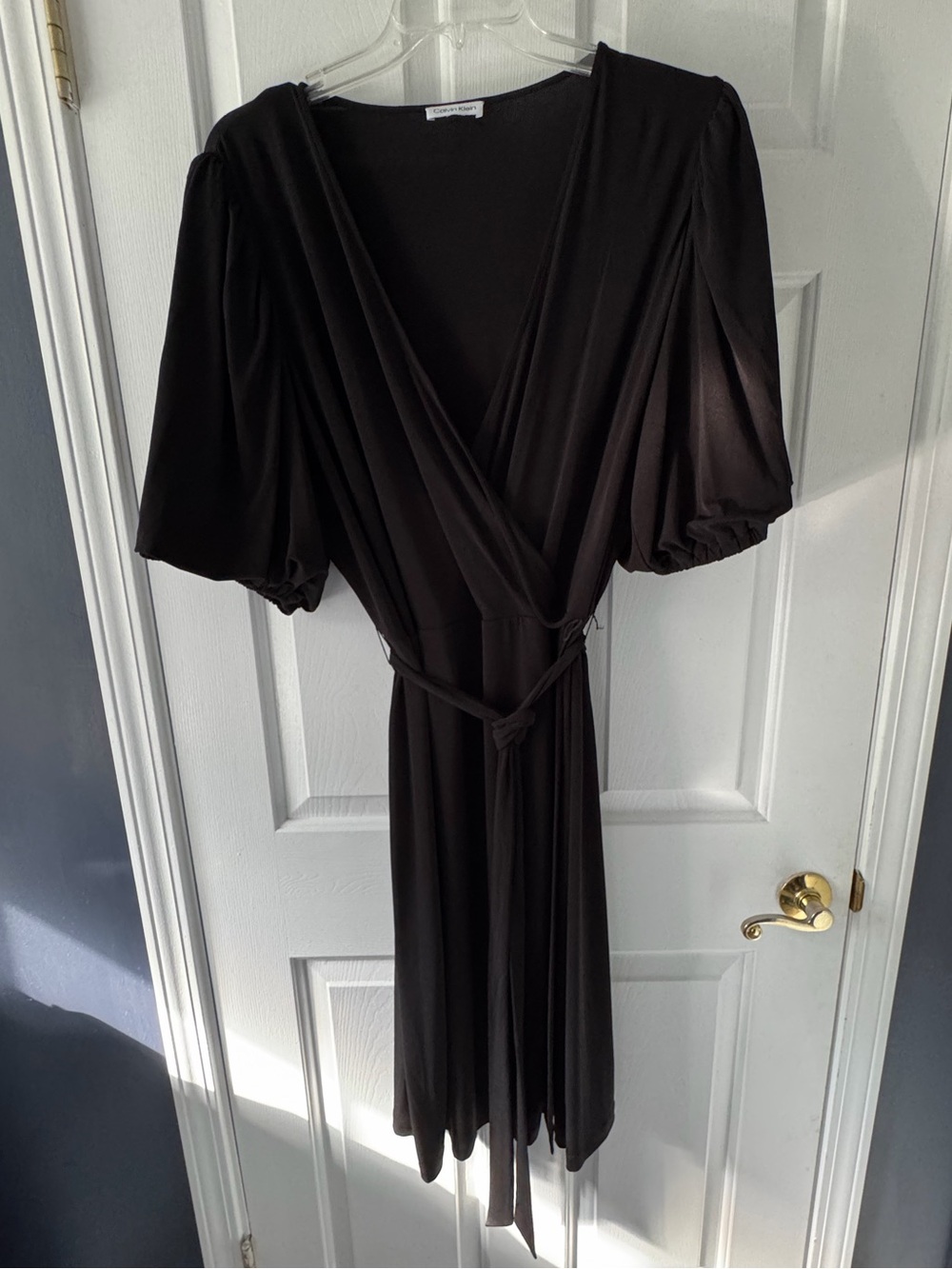 Calvin Klein Black Midi Wrap Dress with Puff Sleeves